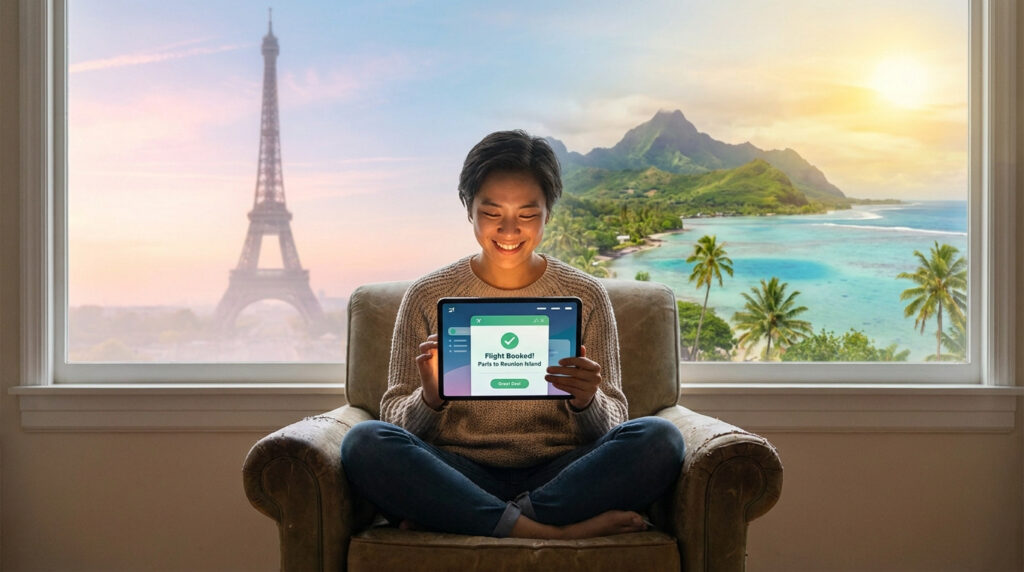 Une personne heureuse réservant un vol Paris-Réunion sur tablette, avec vue de la Tour Eiffel et d'une plage tropicale.