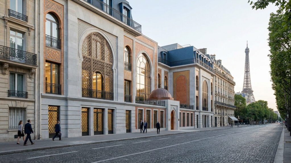 Vue extérieure de l'Ambassade du Maroc à Paris, bâtiment à l'architecture marocaine détaillée, avec la Tour Eiffel au loin sur une rue pavée animée.