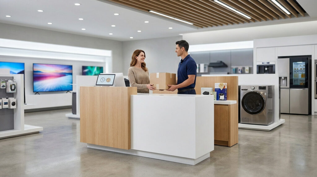 Un employé Darty remet un colis à une cliente au comptoir de retrait dans un magasin d'électroménager moderne.