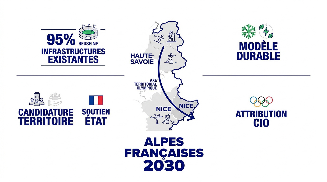 Infographie présentant les sites des Jeux Olympiques d'hiver 2030 dans les Alpes françaises