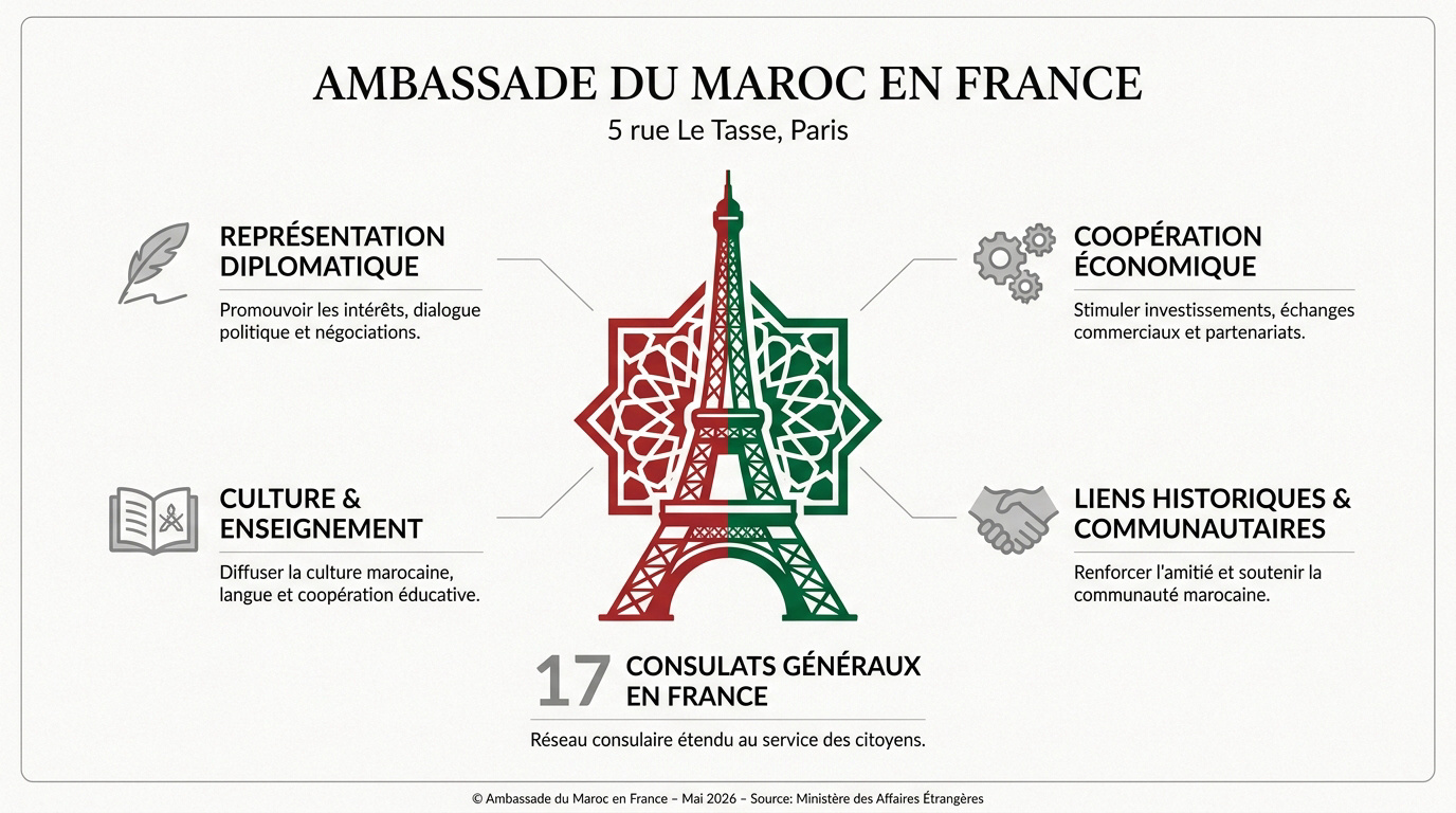Bâtiment officiel de l'ambassade du Maroc à Paris représentant la diplomatie marocaine