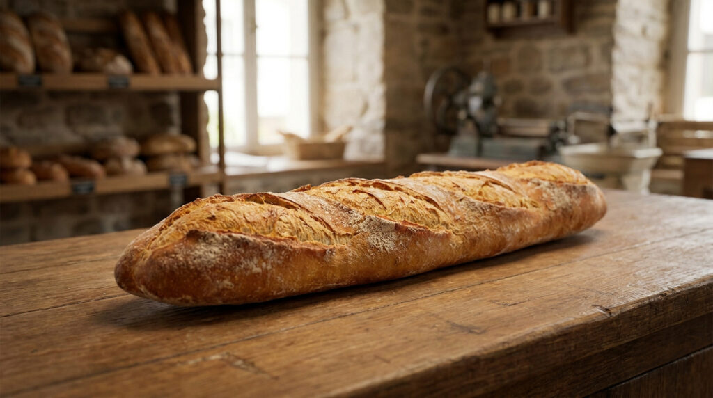 Où trouver une vraie bonne boulangerie Paris 13 ? Une longue baguette dorée et croustillante repose sur un comptoir en bois rustique, avec un fournil traditionnel en arrière-plan flou.