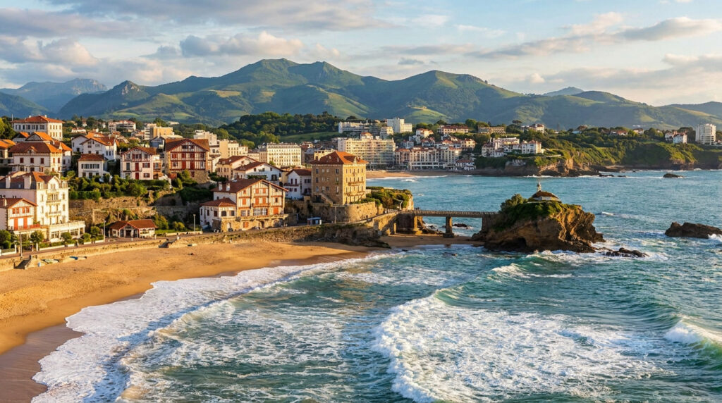 Biarritz département : tout savoir sur son ancrage en 64 Vue panoramique sur la côte de Biarritz, son célèbre rocher, ses bâtiments basques et les montagnes en arrière-plan.