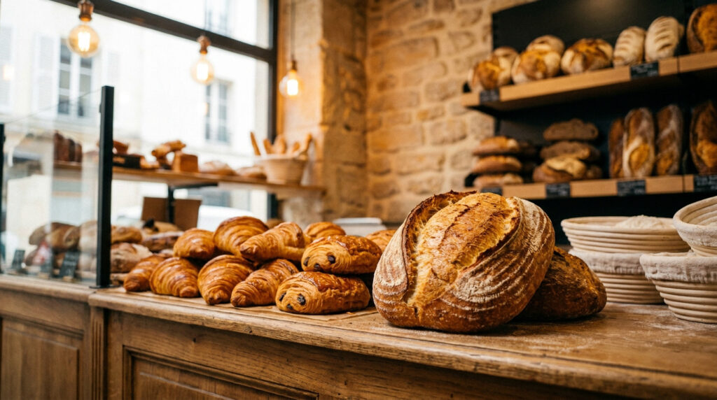 Où trouver la meilleure boulangerie à Lons-le-Saunier ? Comptoir de boulangerie rempli de pains rustiques, croissants dorés et pains au chocolat, avec des étagères de pain en arrière-plan.