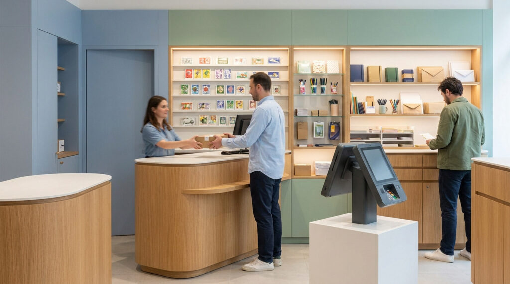 Le bureau de tabac : ton QG multiservices de proximité Un client remet un colis à une employée derrière le comptoir d'un bureau de tabac au design moderne et épuré.