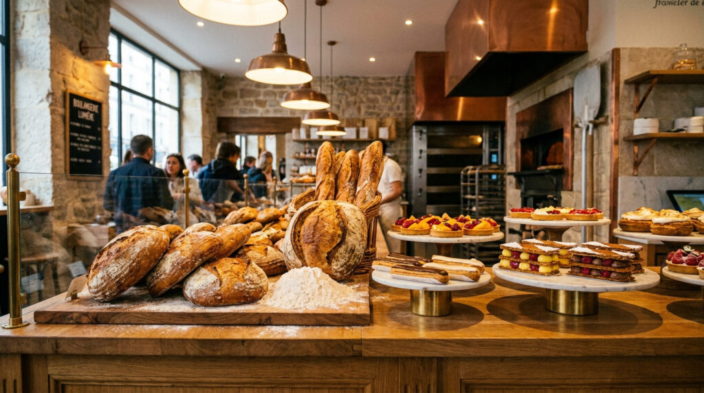 Où trouver les meilleures boulangeries plaisir à Plaisir ? Intérieur d'une boulangerie artisanale avec des pains rustiques, des pâtisseries fines sur des présentoirs et des clients.