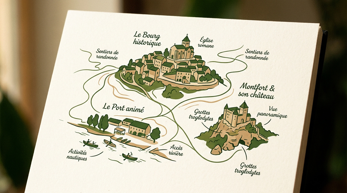 Carte touristique de Vitrac en Dordogne montrant le bourg, le port et le hameau de Montfort