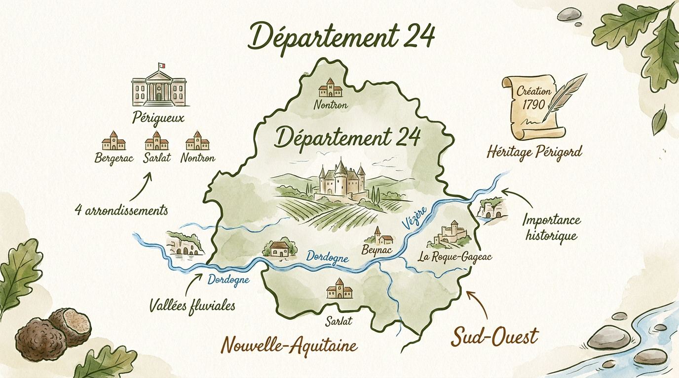 Carte stylisée du département de la Dordogne avec ses principales vallées et villes