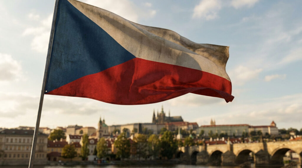 Drapeau tchèque bleu, blanc, rouge flottant sur fond flou du Château de Prague et du Pont Charles sous ciel nuageux.