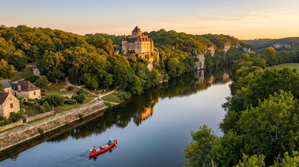 Vue aérienne d'un château médiéval sur une falaise boisée surplombant une rivière où navigue un canoë rouge au coucher du soleil.