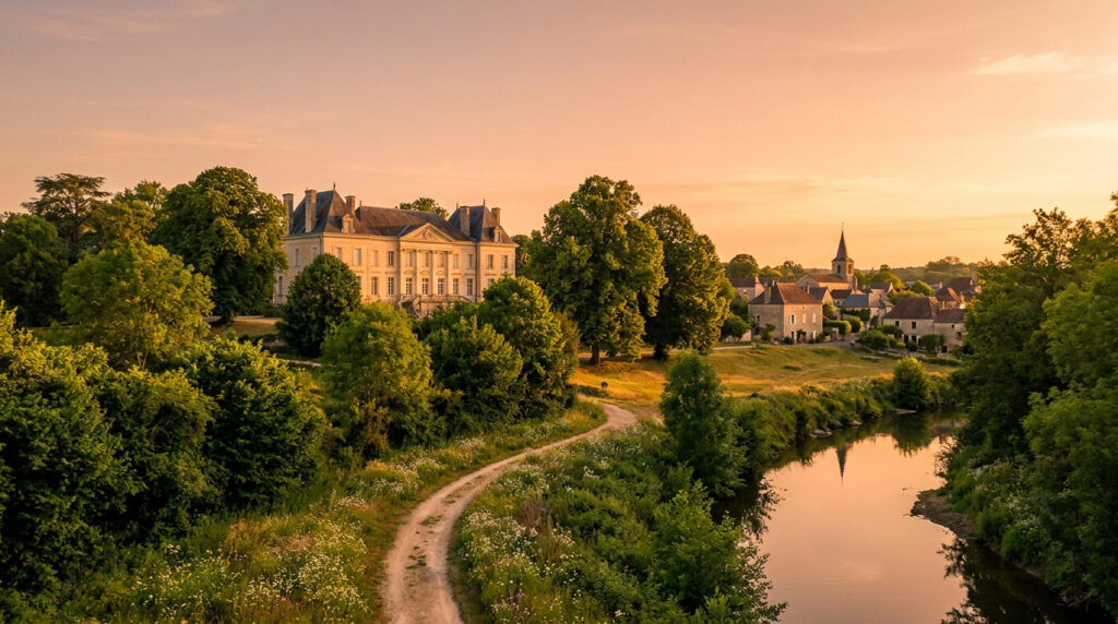 Château classique en pierre, village avec église, chemin de terre et rivière miroitante sous un ciel orange de coucher de soleil.