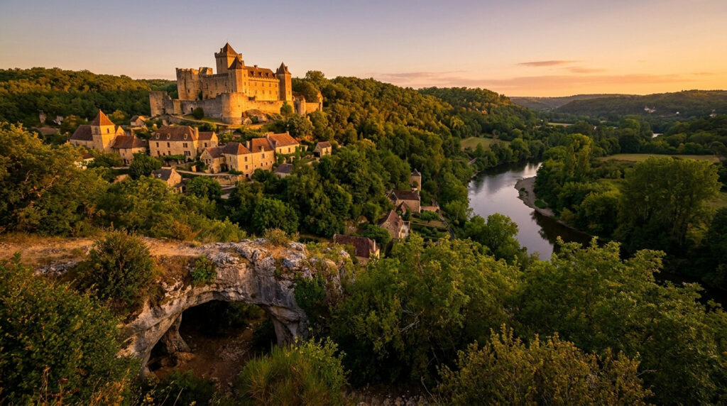 Vue aérienne du château de Castelnaud, de son village médiéval, de la Dordogne et d'un pont naturel au coucher du soleil.