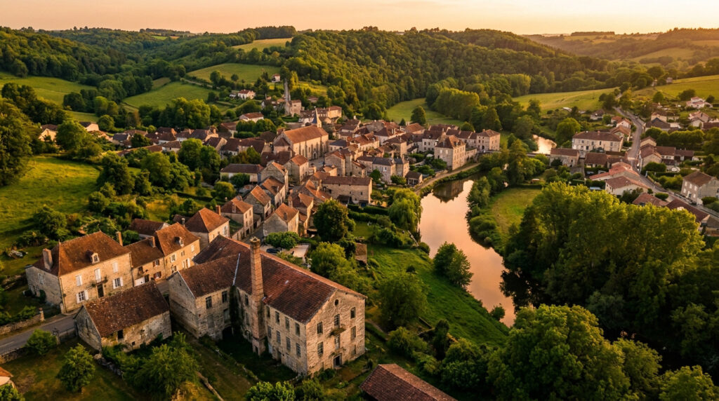 Vue aérienne d'un village français pittoresque avec une rivière serpentant dans une vallée boisée au coucher du soleil.