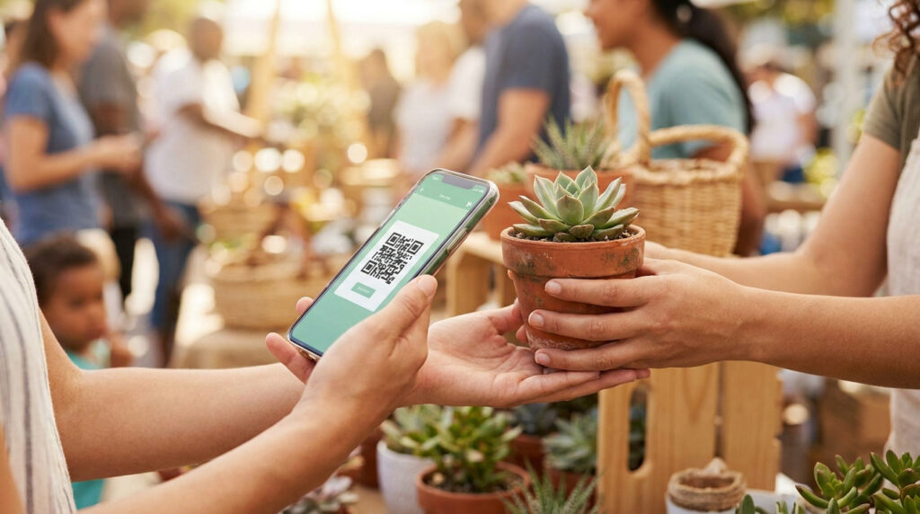 Gros plan sur des mains échangeant une plante succulente en pot et un smartphone affichant un QR code dans un marché animé.