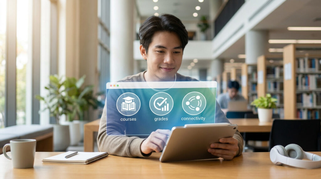 Un étudiant utilise une tablette avec une interface numérique montrant des icônes pour les cours, les notes et la connexion.