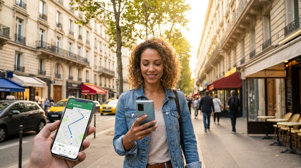 Trouver un tabac autour de moi : horaires et services Une femme souriante utilise son smartphone dans une rue de Paris tout en étant guidée par une application de navigation.