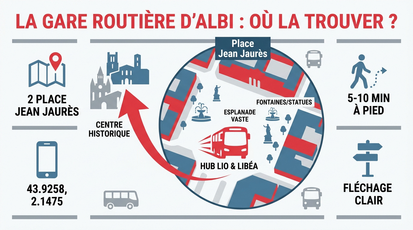 Localisation de la gare routière place Jean Jaurès à Albi