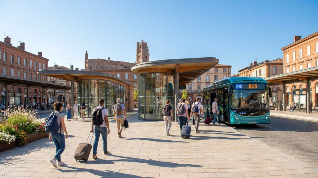 Tout savoir sur la gare routière d’Albi : accès et infos Voyageurs marchant avec des bagages à la gare routière d'Albi avec un bus bleu et la cathédrale en arrière-plan.