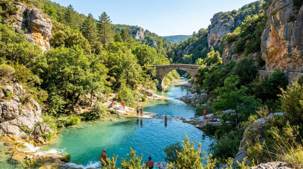 Gorge de la Méouge : baignade et nature sauvage en Provence Pont en pierre surplombant les eaux turquoise des Gorges de la Méouge, entourées de falaises rocheuses et de végétation.