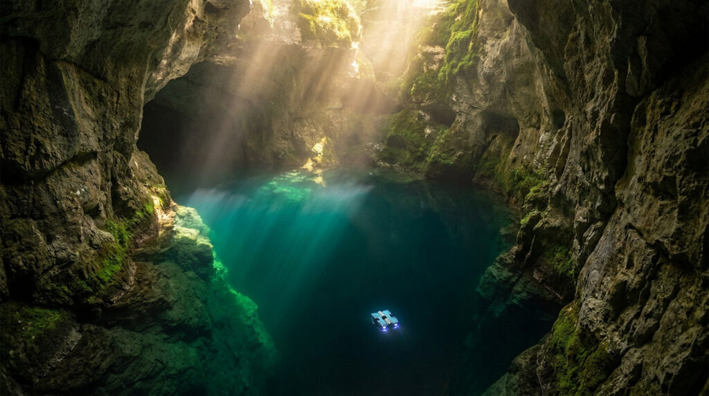 Robot sous-marin explorant les eaux cristallines du gouffre de Fontaine-de-Vaucluse sous des rayons de soleil.