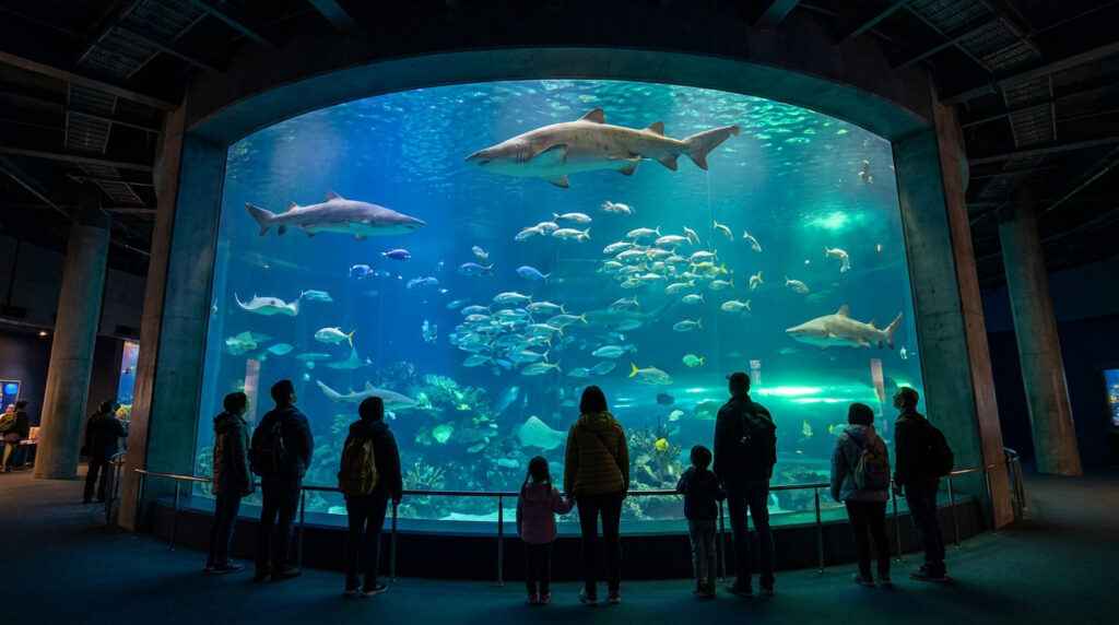 Visite de l’aquarium de Paris : tes billets à prix réduit Groupe de visiteurs observant des requins et des poissons tropicaux dans le grand bassin de l'aquarium de Paris.