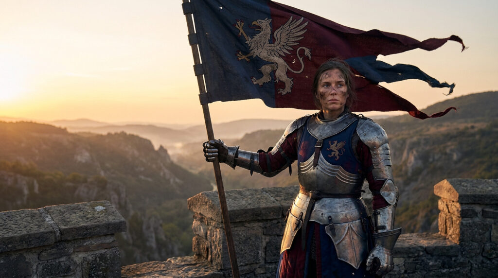 Le film Jeanne d’Arc de Luc Besson : l’épopée qui divise Une femme en armure médiévale tient un drapeau avec un griffon devant un paysage vallonné au coucher du soleil.