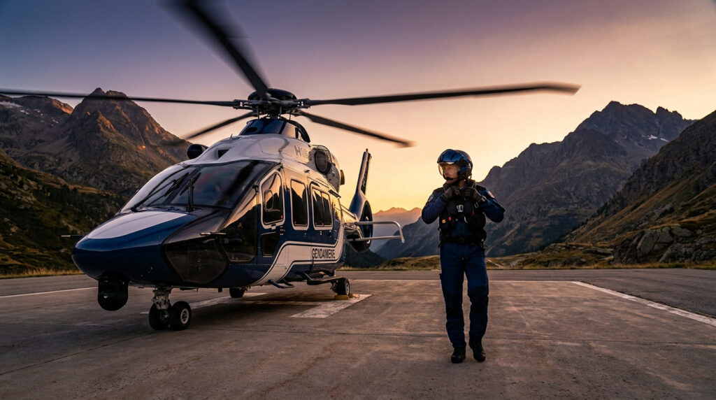 Gendarme en uniforme, casque et gilet, devant un hélicoptère Gendarmerie aux rotors flous, avec montagnes et ciel orangé.