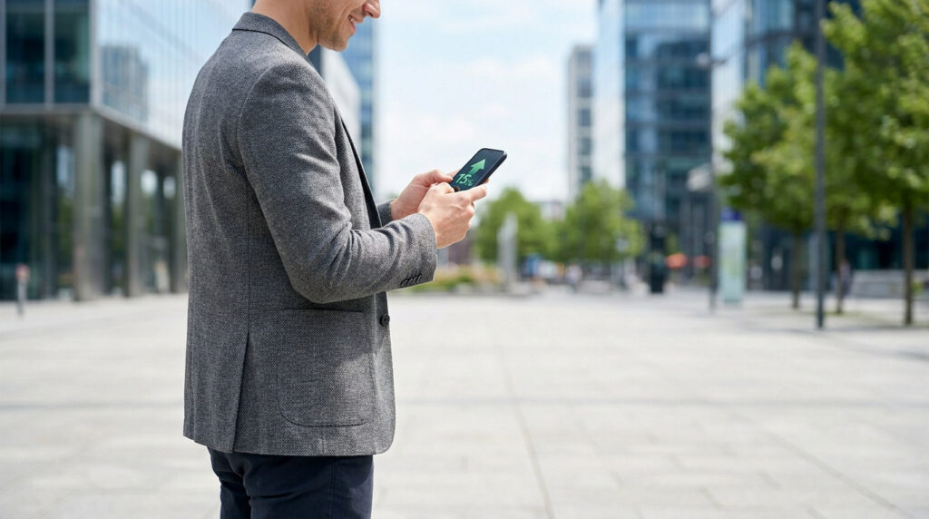 Homme en veste regardant son smartphone affichant un gain de 15% avec une flèche verte, dans un quartier d'affaires moderne.