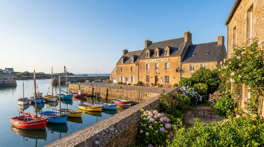 Vue de l'Hôtel de Barfleur, un bâtiment en pierre jaune, face à un port avec des bateaux colorés. Un phare est visible à l'arrière-plan.