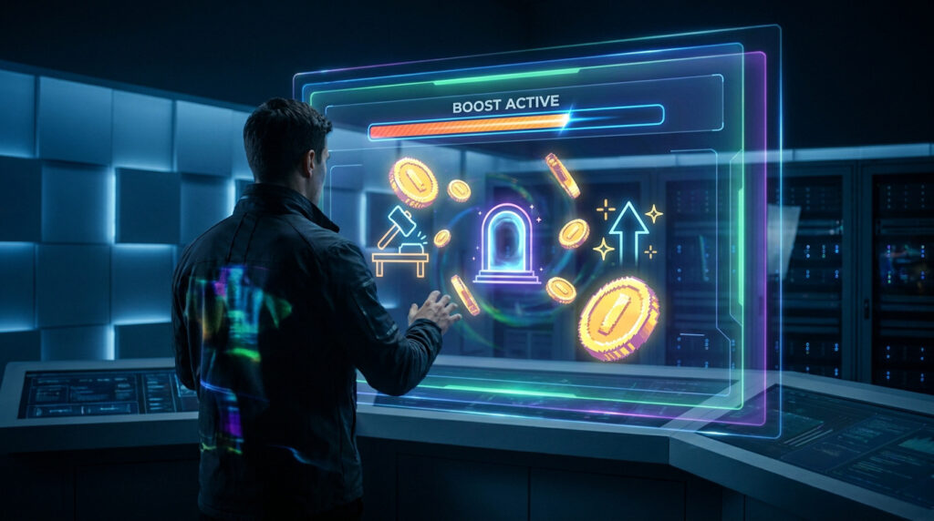 Un joueur interagit avec une interface holographique futuriste affichant des symboles Dofus et un boost actif.