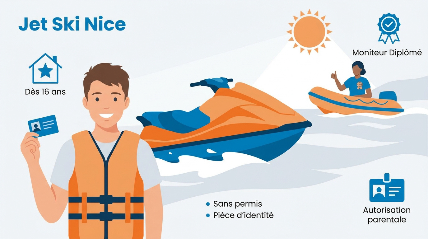 Jeune pilote de jet ski profitant d'une sortie en mer à Nice avec un moniteur