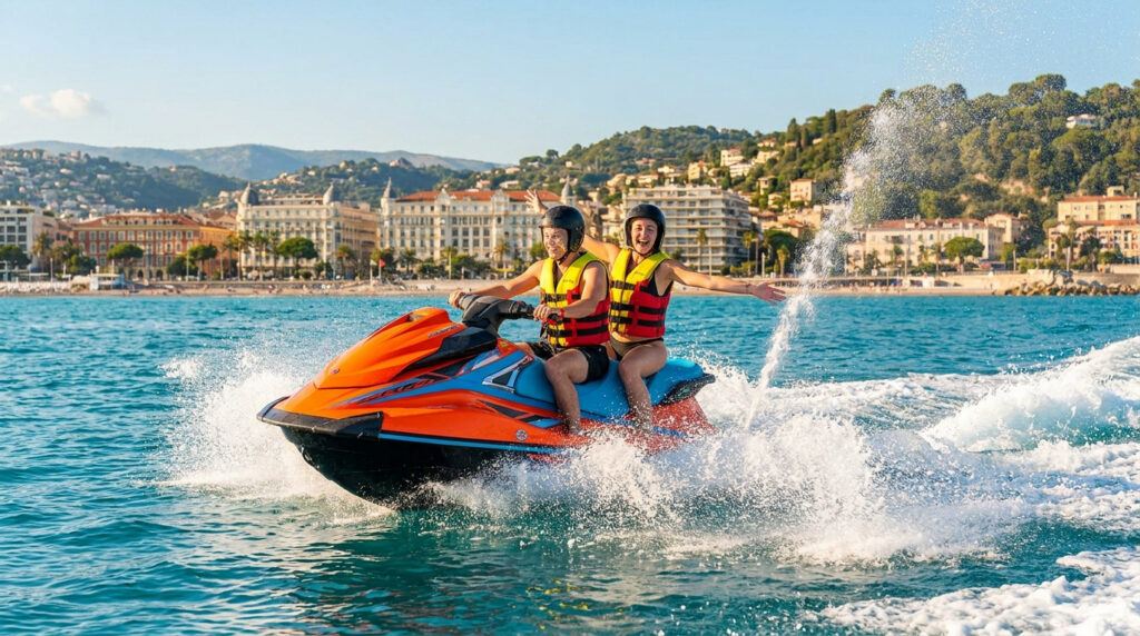 Jet ski à Nice : pilote ton bolide sans permis dès 16 ans ! Un jeune couple sourit sur un jet-ski orange et bleu au large de Nice, sous un soleil radieux.