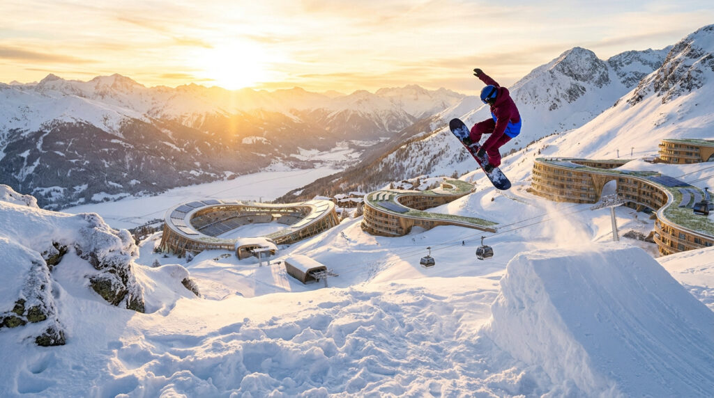 Tout savoir sur les futurs Jeux olympiques d’hiver 2030 Un snowboarder effectue un saut devant un stade olympique futuriste au milieu des montagnes enneigées au coucher du soleil.