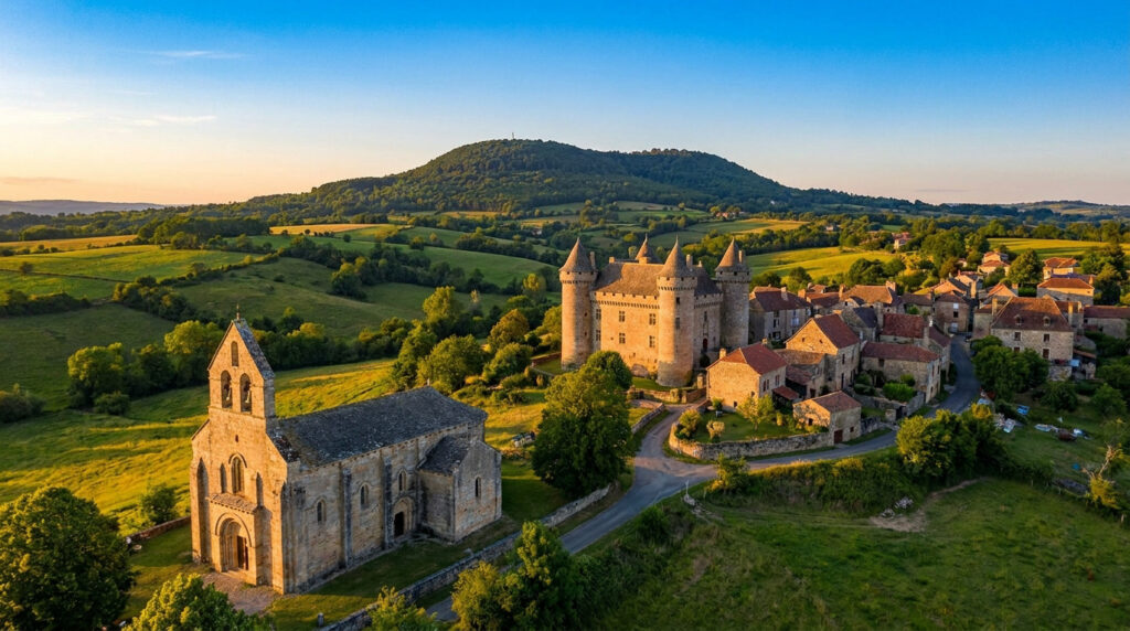 Issy-l’Évêque : ton escapade entre Morvan et Charolais Vue aérienne d'un château médiéval et d'une église romane au cœur d'un paysage verdoyant sous la lumière du couchant.