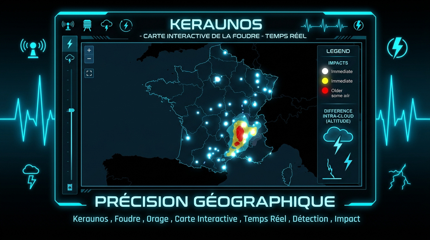 Carte interactive Keraunos montrant les impacts de foudre en temps réel sur la France