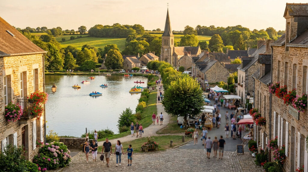 Découvrir La Selle-Craonnaise et sa base de la Rincerie Vue pittoresque d'un village français en pierre avec un lac, des pédalos et des passants sur un chemin ensoleillé.