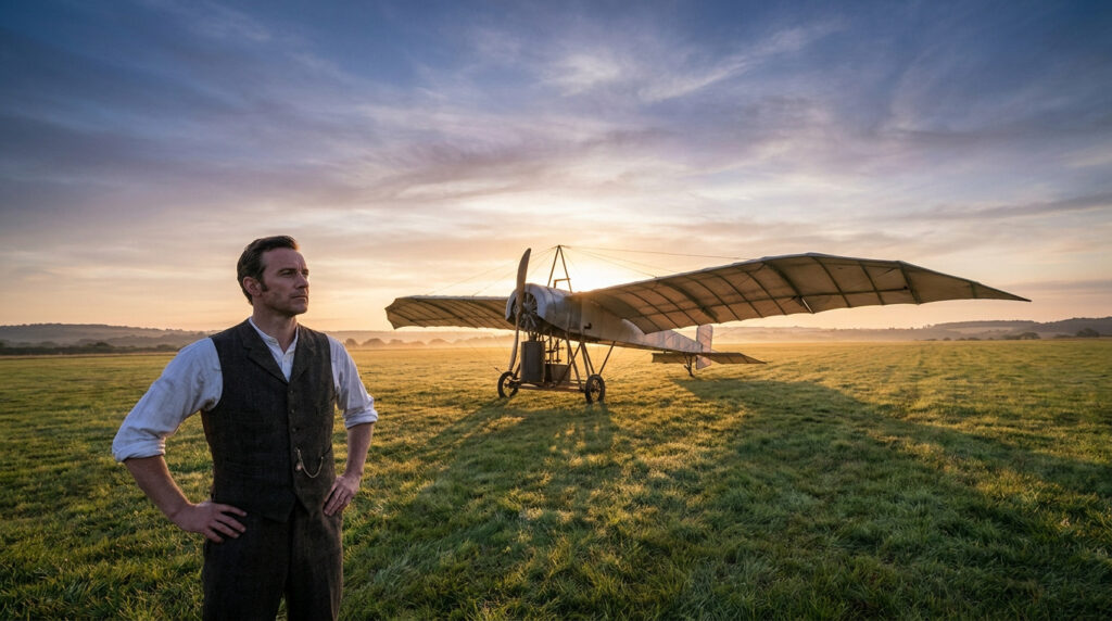Clément Ader : le génie qui a inventé l’avion et la stéréo Un homme en costume d'époque debout devant un avion ancien au coucher du soleil dans un champ.