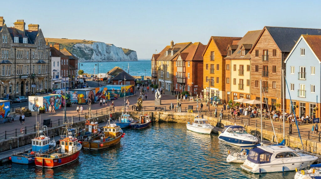 Visiter Folkestone en Angleterre : le spot cool du Kent Vue panoramique du port de Folkestone : bateaux, bâtiments colorés, passants, terrasses animées et falaises blanches au soleil.