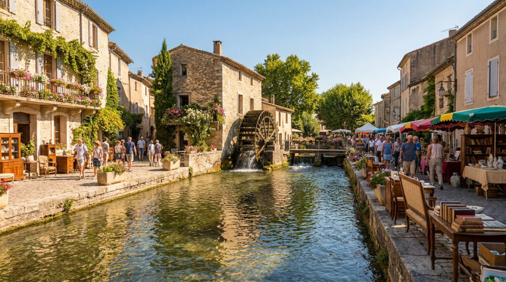 Vieux village provençal au bord de l'eau avec une roue à aubes et un marché aux livres ancien.