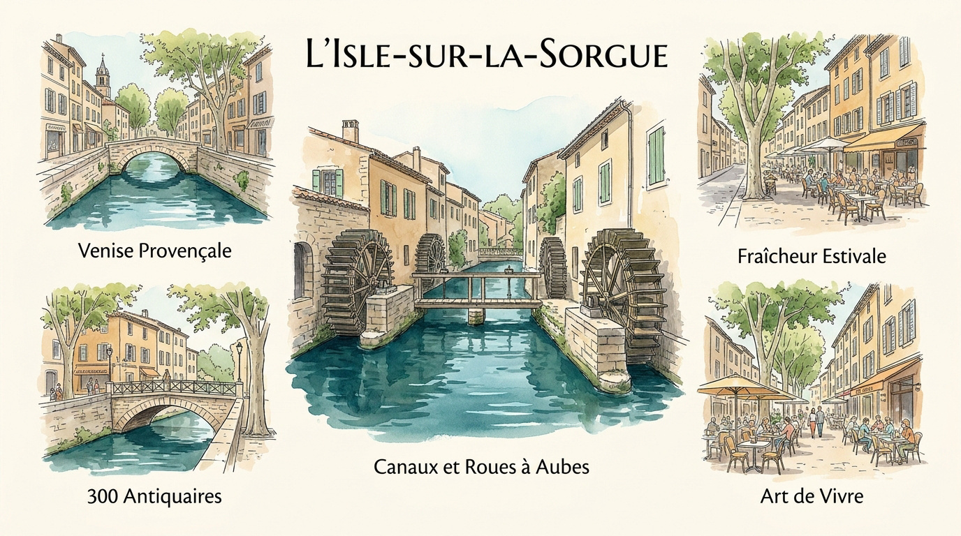Canal de la Sorgue avec roues à aubes et terrasses à l'Isle-sur-la-Sorgue
