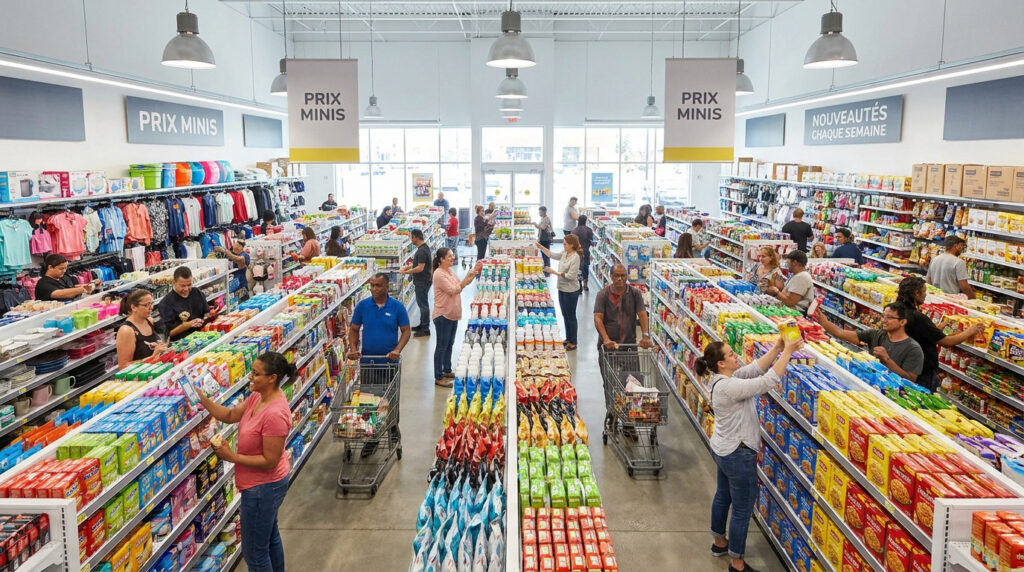 Tout savoir sur le magasin Action à Saint-Geours-de-Maremne Vue en plongée d'un magasin Action bondé avec des clients dans les rayons et des panneaux suspendus "PRIX MINIS".