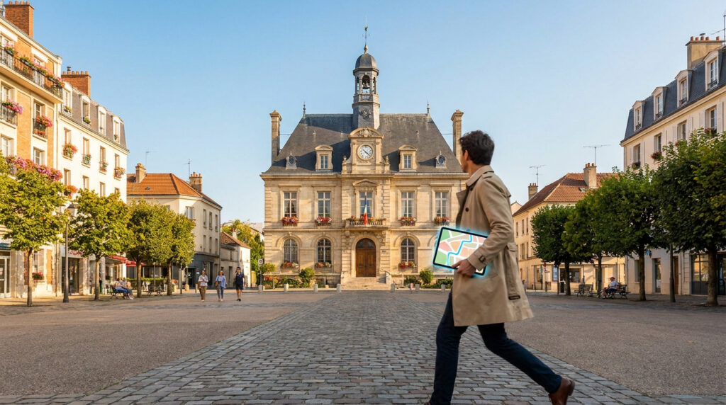 Un homme marche sur une place pavée devant la mairie de Fontenay-sous-Bois en consultant une carte sur sa tablette.