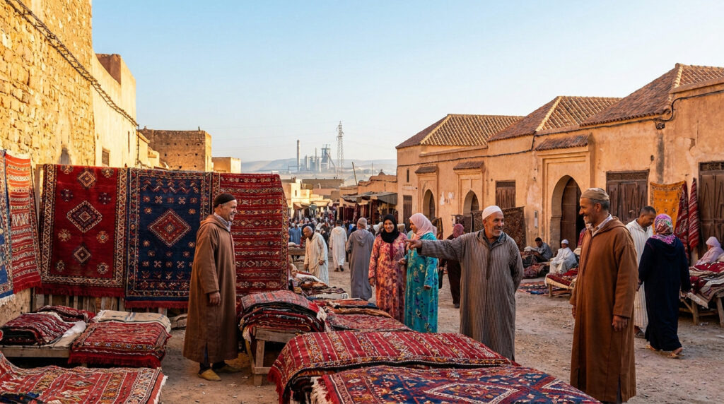 Khemisset Morocco : au cœur de l’identité des Zemmour Des habitants en djellabas discutent près d'étals de tapis artisanaux colorés dans une rue ancienne de Khemisset, au Maroc.
