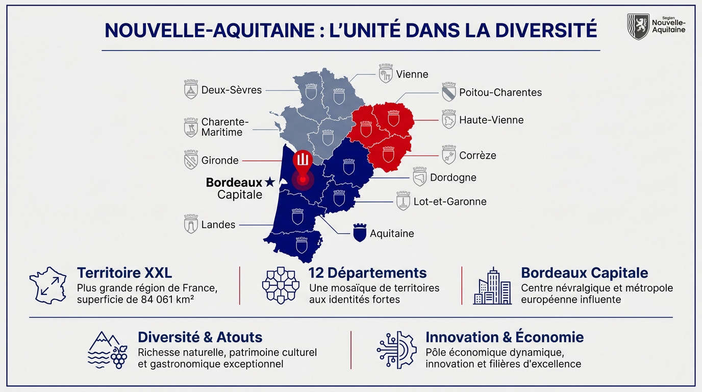 Carte administrative de la région Nouvelle-Aquitaine montrant les douze départements