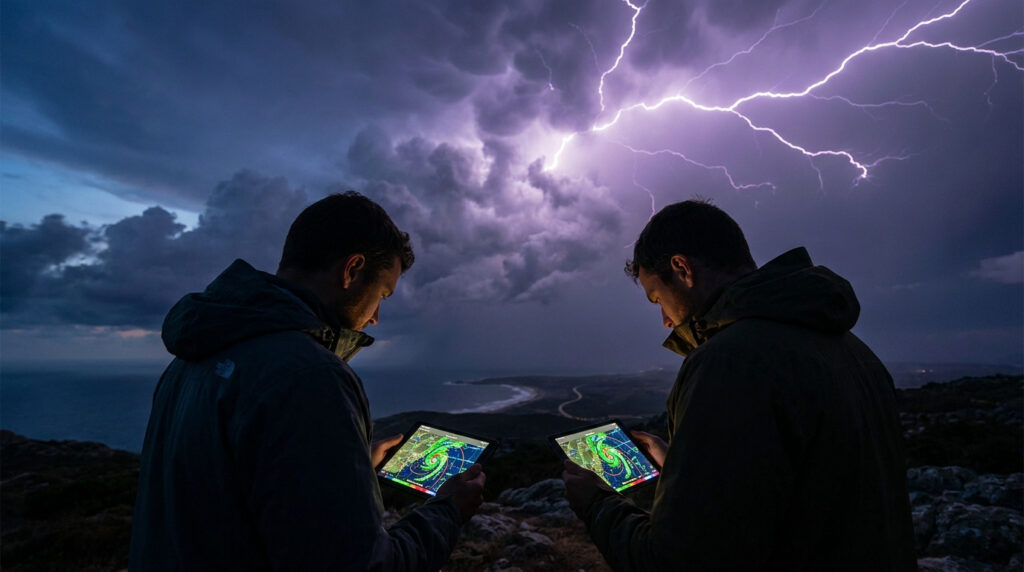 Keraunos foudre : suivez les impacts d’orages en direct Deux hommes observent des cartes météo sur des tablettes sous un ciel nocturne éclairé par un puissant éclair.