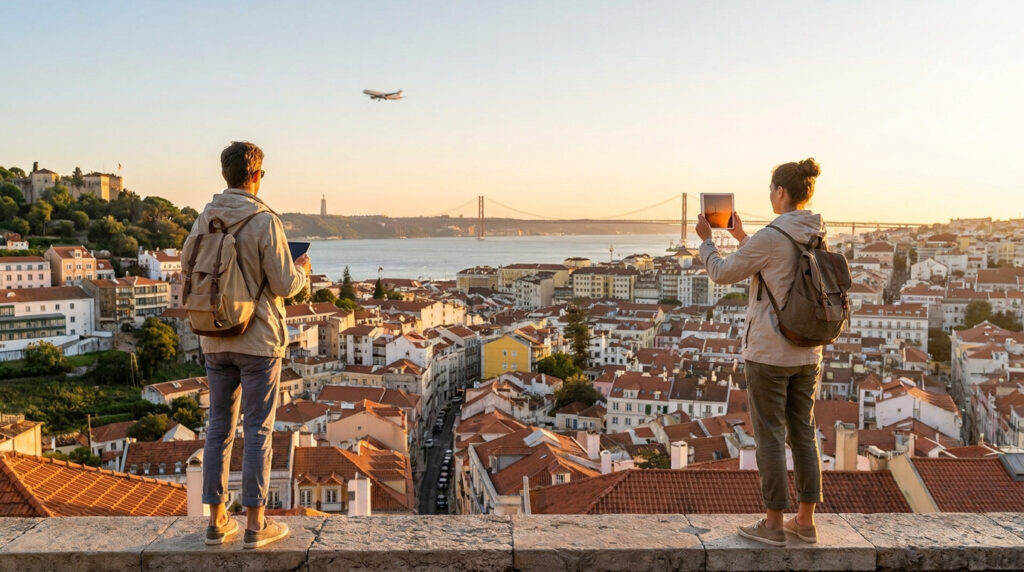 Billet avion pour Lisbonne : astuces pour payer moins cher Deux voyageurs admirent la vue panoramique de Lisbonne au crépuscule, avec le Tage, le Pont du 25 Avril et un avion dans le ciel.