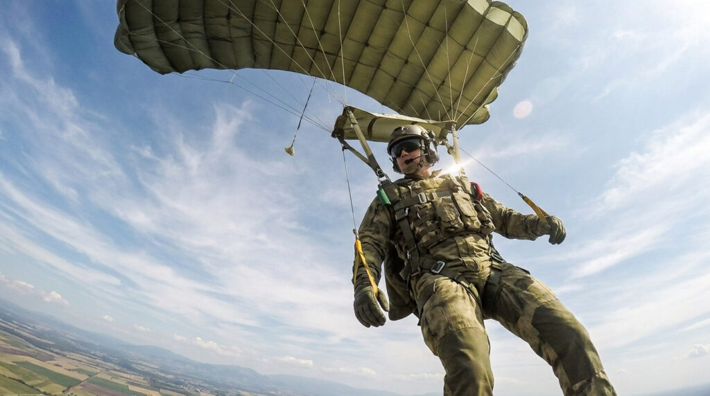 Un parachutiste du 1er RCP en tenue de combat descend sous son parachute ouvert, ciel bleu et nuages.