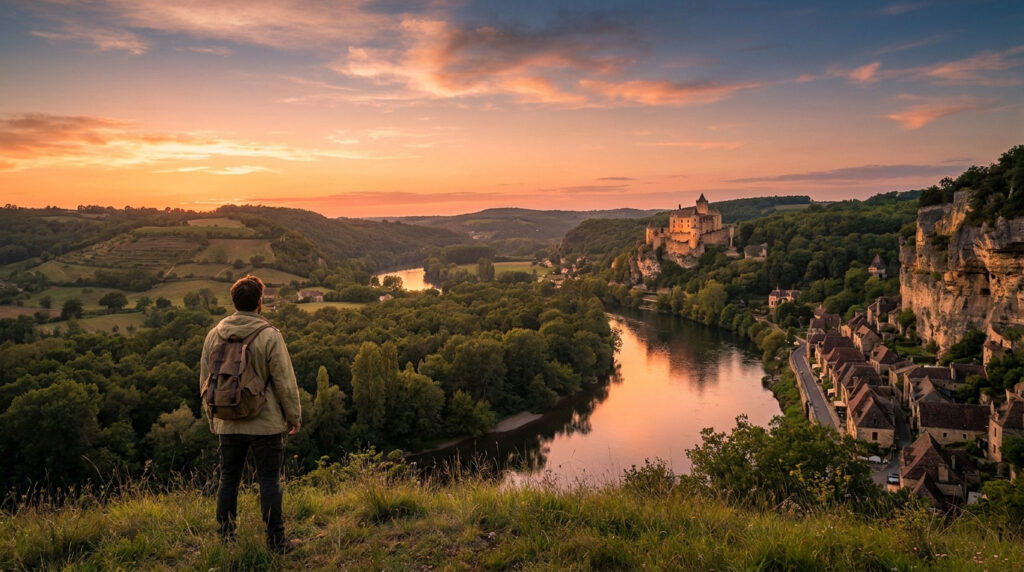 Un voyageur avec un sac à dos contemple un château médiéval surplombant une rivière au coucher du soleil en Dordogne.