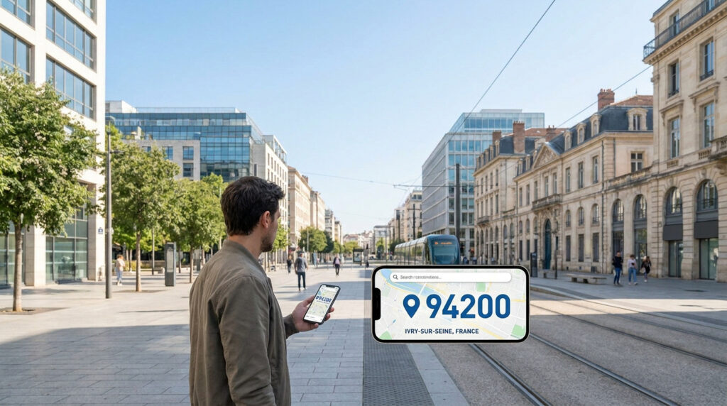 Tout savoir sur Ivry-sur-Seine et son code postal 94200 Un homme regarde son smartphone dans une rue d'Ivry-sur-Seine avec l'indication du code postal 94200 à l'écran.