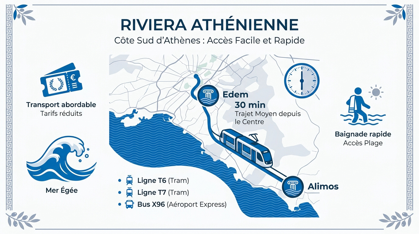Vue aérienne de la côte de la Riviera athénienne avec ses plages de sable et ses eaux bleues